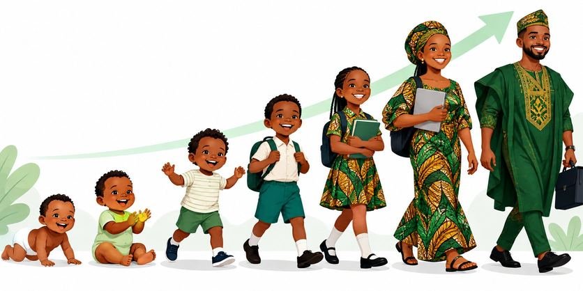 Children growing from infancy through school age into adulthood, walking forward beneath a rising arrow: the life course a complete immunization schedule protects.